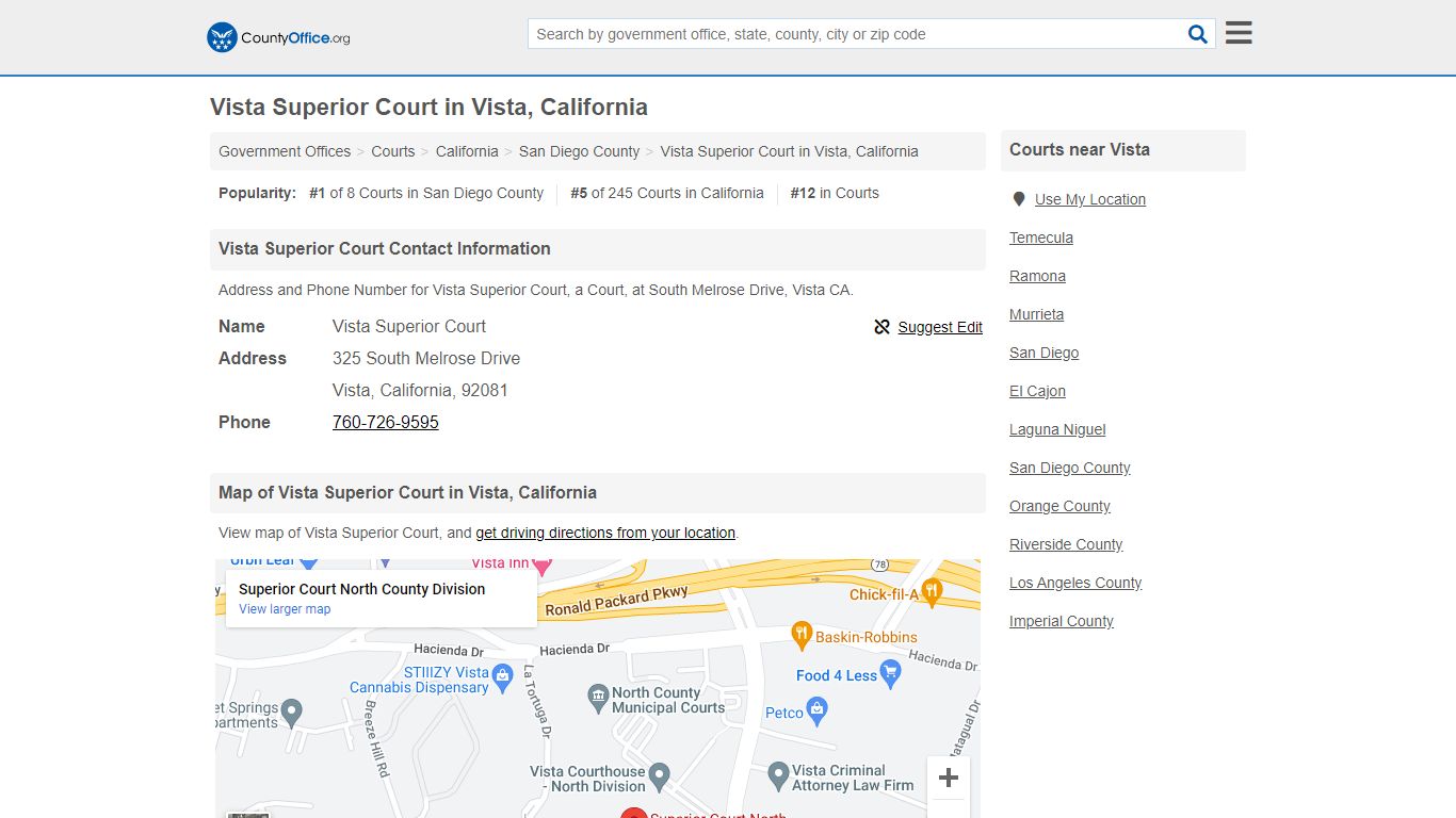 Vista Superior Court - Vista, CA (Address and Phone) - County Office
